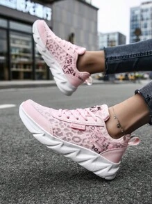 Sporty Pink Running Shoes For Women, Leopard Pattern Letter Graphic Mesh Lace Up   Sneakers - Pink - View 2