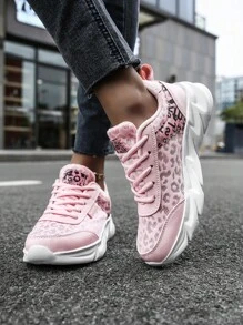 Sporty Pink Running Shoes For Women, Leopard Pattern Letter Graphic Mesh Lace Up   Sneakers - Pink - View 3