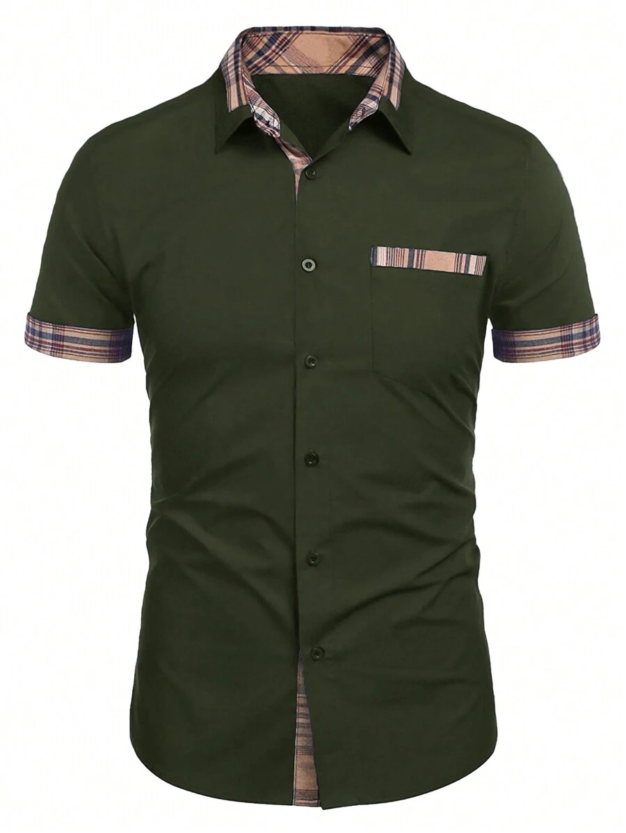 男士格子拼布短袖 Polo 衫，夏季 - 軍綠色 - 查看 1