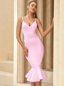 ADYCE Solid Fishtail Hem Zip Back Bodycon Midi Slip Bandage Dress - Lilac Purple - View 3