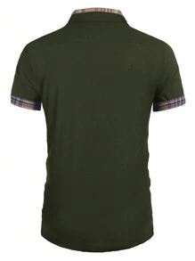 男士格子拼布短袖 Polo 衫，夏季 - 軍綠色 - 查看 2