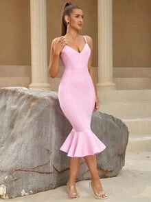 ADYCE Solid Fishtail Hem Zip Back Bodycon Midi Slip Bandage Dress - Lilac Purple - View 4