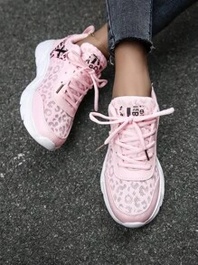 Sporty Pink Running Shoes For Women, Leopard Pattern Letter Graphic Mesh Lace Up   Sneakers - Pink - View 5