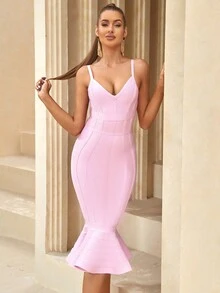 ADYCE Solid Fishtail Hem Zip Back Bodycon Midi Slip Bandage Dress - Lilac Purple - View 5