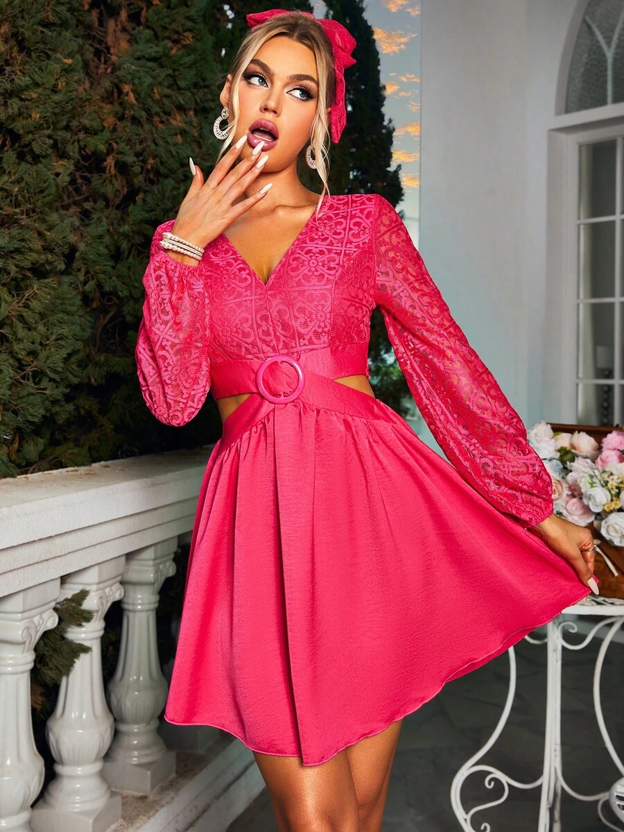 Glamaker 蕾絲拼接腰部鏤空連衣裙 - 玫紅色 - 查看 1
