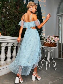 Glamaker Đầm Cắt ra Cao thấp Xù màu trơn Buổi tiệc - Màu xanh lam - Xem 2