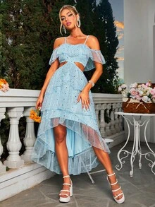 Glamaker Đầm Cắt ra Cao thấp Xù màu trơn Buổi tiệc - Màu xanh lam - Xem 3