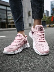 Sporty Pink Running Shoes For Women, Leopard Pattern Letter Graphic Mesh Lace Up   Sneakers - Pink - View 8