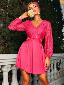 Glamaker 蕾絲拼接腰部鏤空連衣裙 - 玫紅色 - 查看 4