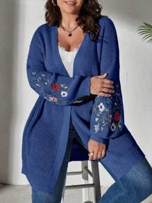 SHEIN LUNE Cárdigan de plumero con bordado floral de hombros caídos - Azul Marino - Ver 1