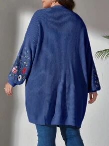SHEIN LUNE Cárdigan de plumero con bordado floral de hombros caídos - Azul Marino - Ver 2