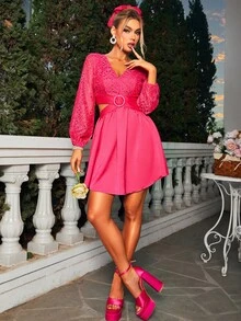 Glamaker 蕾絲拼接腰部鏤空連衣裙 - 玫紅色 - 查看 6