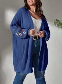 SHEIN LUNE Cárdigan de plumero con bordado floral de hombros caídos - Azul Marino - Ver 3