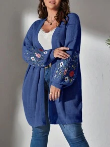 SHEIN LUNE Cárdigan de plumero con bordado floral de hombros caídos - Azul Marino - Ver 4