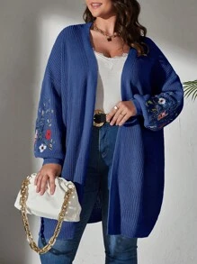 SHEIN LUNE Cárdigan de plumero con bordado floral de hombros caídos - Azul Marino - Ver 5