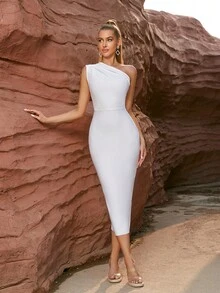 ADYCE 單肩褶邊緊身連衣裙 - 白色 - 查看 6