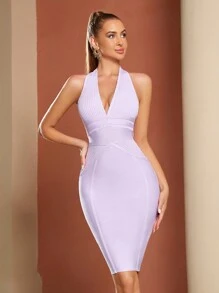 ADYCE 後拉鏈繞頸露背緊身中長緊身連衣裙 - 紫丁香色 - 查看 3