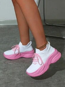 女性雙色前綁帶粗織物運動運動鞋 - 白色 - 查看 2