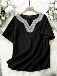 SHEIN LUNE Áo sơ mi Plus Size Tương phản ren Khối Màu Giải trí - màu đen - Xem 1