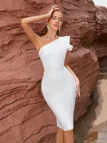 Đầm Chia Dây kéo Ruffle phóng đại màu trơn Thanh lịch - trắng - Xem 4