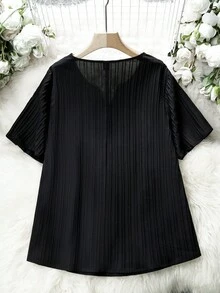 SHEIN LUNE Áo sơ mi Plus Size Tương phản ren Khối Màu Giải trí - màu đen - Xem 2