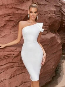 Đầm Chia Dây kéo Ruffle phóng đại màu trơn Thanh lịch - trắng - Xem 6