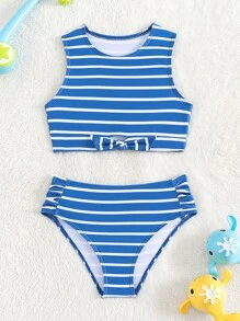 Young Girl Striped Knot Front Bikini Set Summer Beach - Blue - View 1