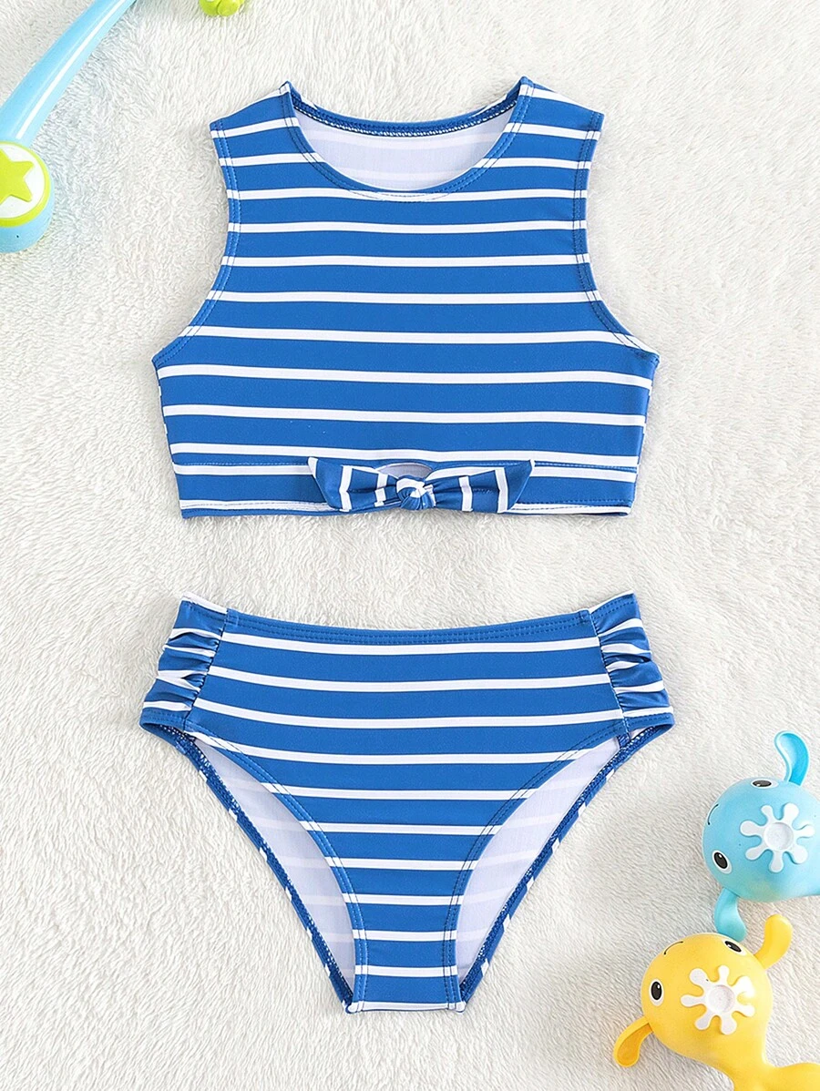 Young Girl Striped Knot Front Bikini Set Summer Beach - Blue - View 1