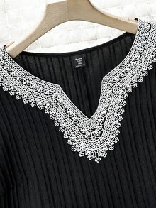 SHEIN LUNE Áo sơ mi Plus Size Tương phản ren Khối Màu Giải trí - màu đen - Xem 4