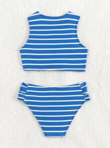 Young Girl Striped Knot Front Bikini Set Summer Beach - Blue - View 2