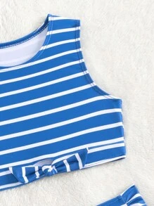 Young Girl Striped Knot Front Bikini Set Summer Beach - Blue - View 3