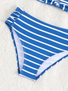 Young Girl Striped Knot Front Bikini Set Summer Beach - Blue - View 4