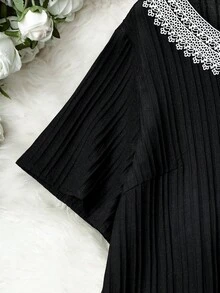 SHEIN LUNE Áo sơ mi Plus Size Tương phản ren Khối Màu Giải trí - màu đen - Xem 6