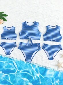 Young Girl Striped Knot Front Bikini Set Summer Beach - Blue - View 6