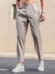 Manfinity Mode Men Chain Detail Slant Pocket Suit Trousers - Khaki - View 3