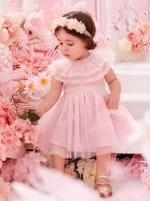 Baby Contrast Lace Ruffle Trim Mesh Overlay Dress - Pink - View 1