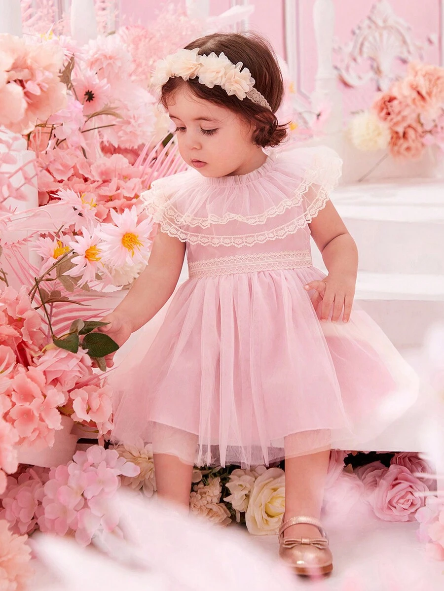 Baby Contrast Lace Ruffle Trim Mesh Overlay Dress - Pink - View 1