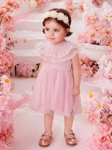 Baby Contrast Lace Ruffle Trim Mesh Overlay Dress - Pink - View 3