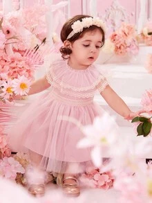 Baby Contrast Lace Ruffle Trim Mesh Overlay Dress - Pink - View 4