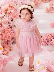 Baby Contrast Lace Ruffle Trim Mesh Overlay Dress - Pink - View 5