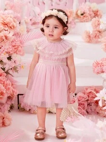 Baby Contrast Lace Ruffle Trim Mesh Overlay Dress - Pink - View 6