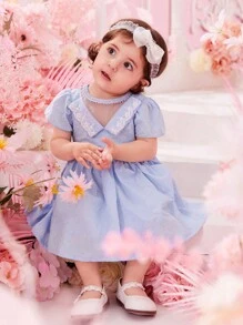 Baby Contrast Lace Puff Sleeve Dress - Baby Blue - View 1