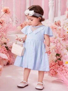 Baby Contrast Lace Puff Sleeve Dress - Baby Blue - View 4