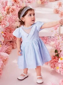 Baby Contrast Lace Puff Sleeve Dress - Baby Blue - View 5