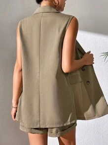 SHEIN Essnce Bộ âu phục nữ Nút đôi màu trơn Giải trí - Màu Khaki - Xem 2