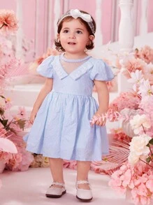Baby Contrast Lace Puff Sleeve Dress - Baby Blue - View 6