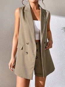 SHEIN Essnce Bộ âu phục nữ Nút đôi màu trơn Giải trí - Màu Khaki - Xem 3