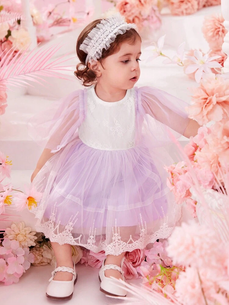 Baby Girl Contrast Lace Mesh Overlay Dress