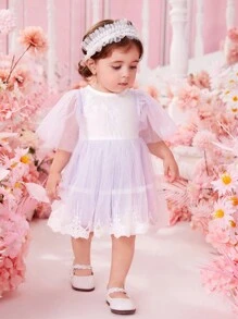 Baby Girl Contrast Lace Mesh Overlay Dress - Purple - View 3