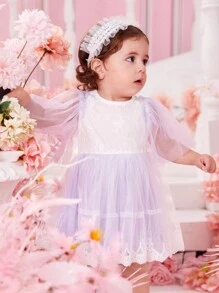 Baby Girl Contrast Lace Mesh Overlay Dress - Purple - View 4